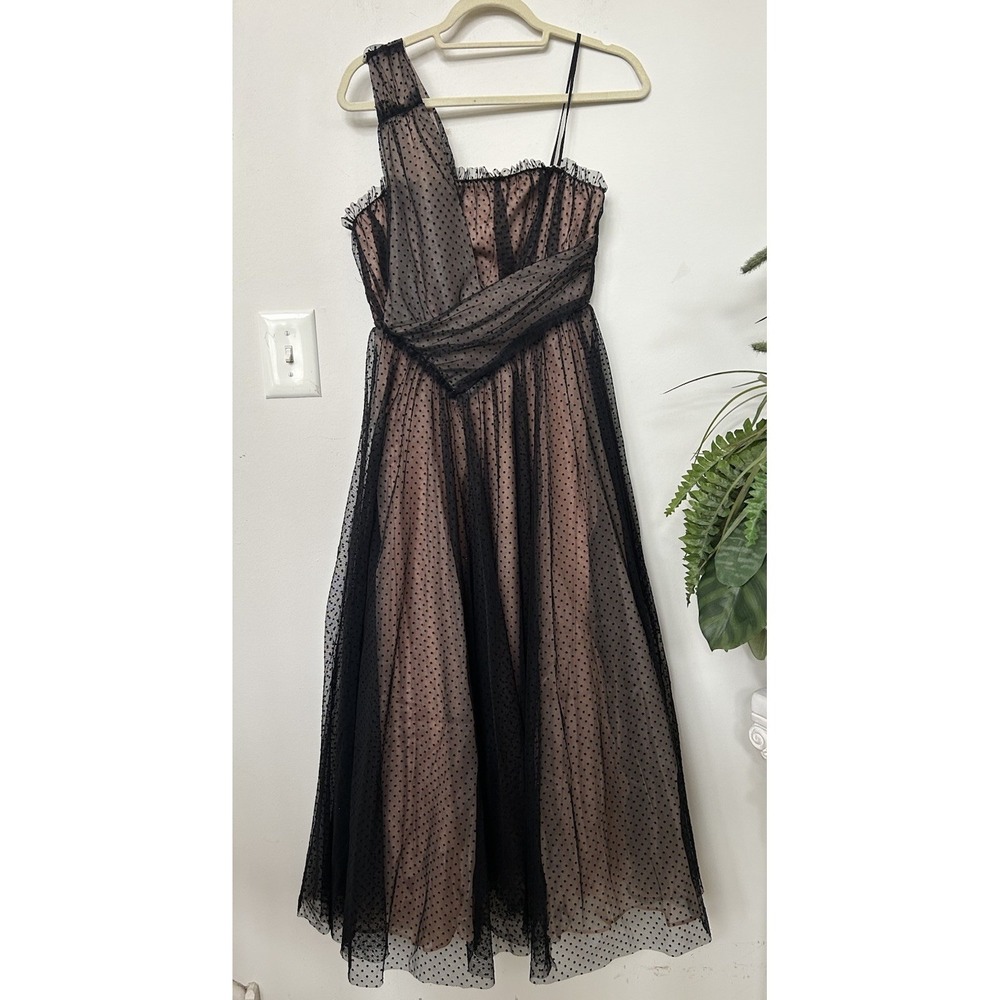 NWT Anthropologie Tulle Dot Maxi Dress One Shoulder Black Nude Size 0 MRSP $220 - Picture 3 of 12